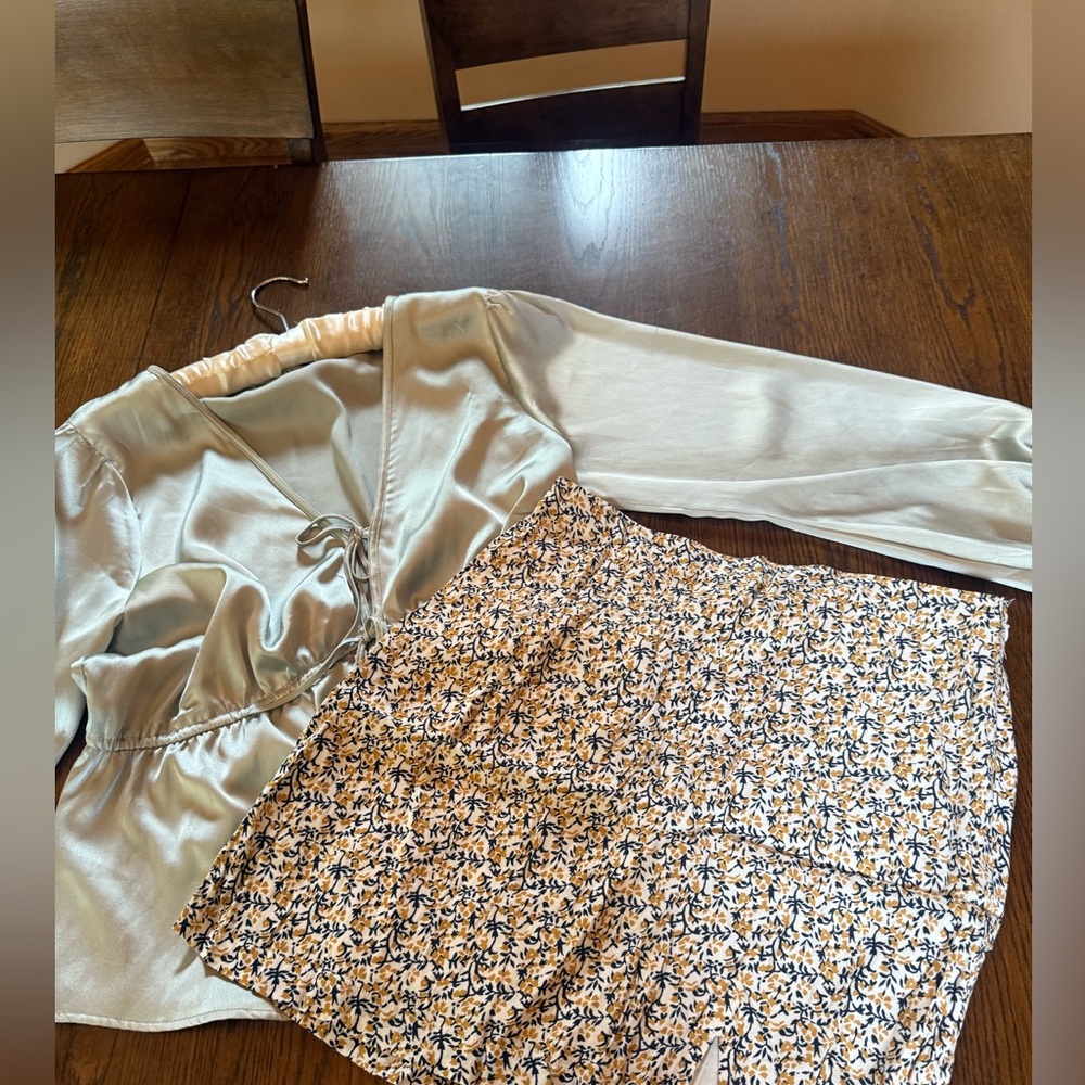 Satin sage Blouse and floral Skirt by Abercrombie &Fitch blouse L & skirt M BOTH